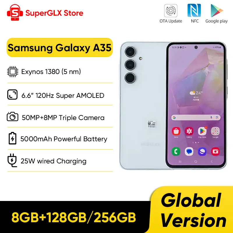2024 nouveau Samsung Galaxy A35 5G Smartphone 128GB/256GB Exynos 1380 Android 14 OS 6.6in 120Hz Super AMOLED affichage 5000mAh batterie