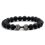 Bracelet en pierre volcanique naturelle pour hommes et femmes, noir mat, perles blanches, breloque, haltère, bijoux de Fitness