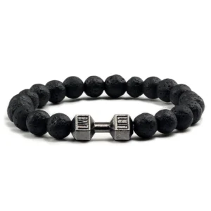 Bracelet en pierre volcanique naturelle pour hommes et femmes, noir mat, perles blanches, breloque, haltère, bijoux de Fitness