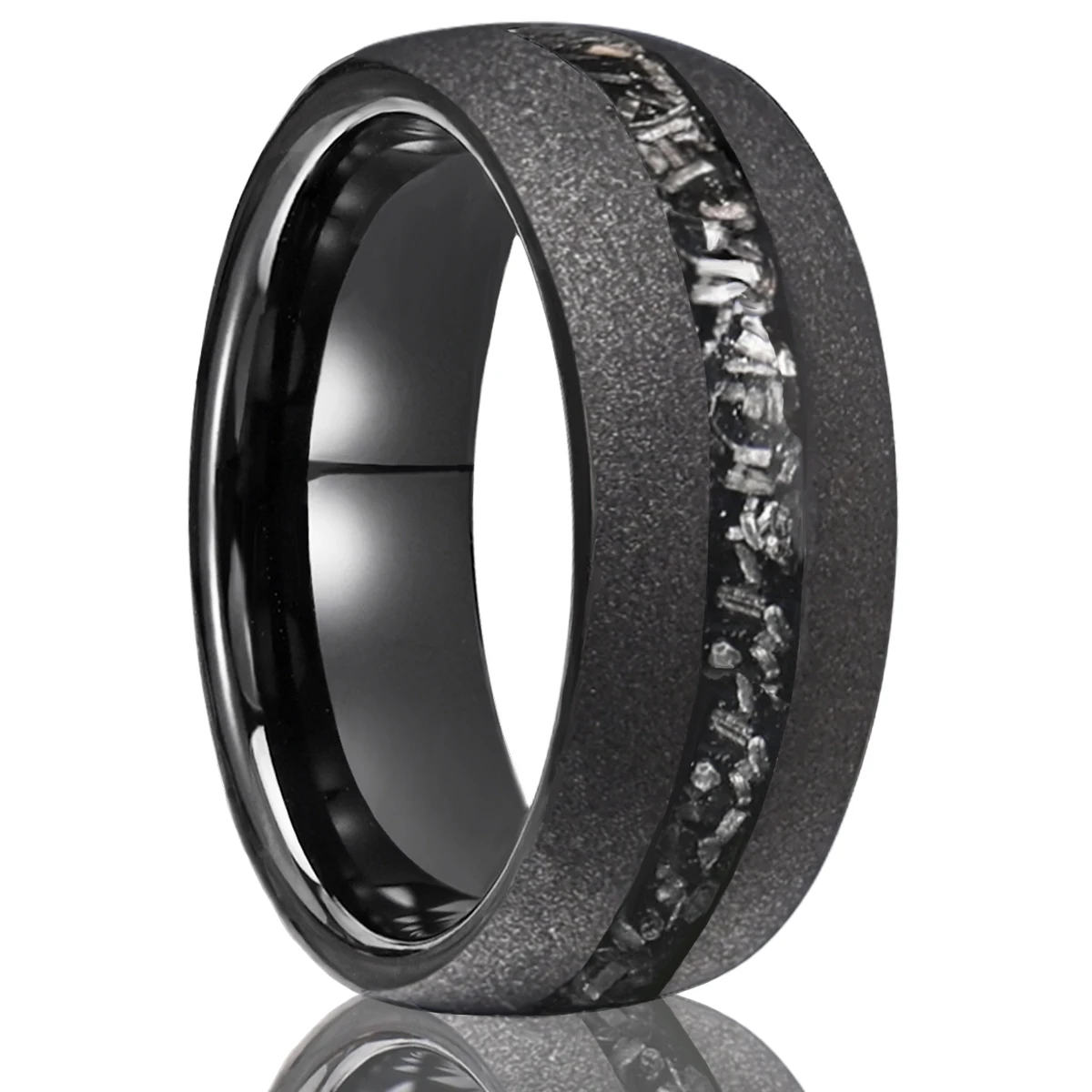 Bague en carbure de tungstène noir pour hommes et femmes, Fragments de météorite incrustés de 8mm, bague de mariage pour hommes, givré poli