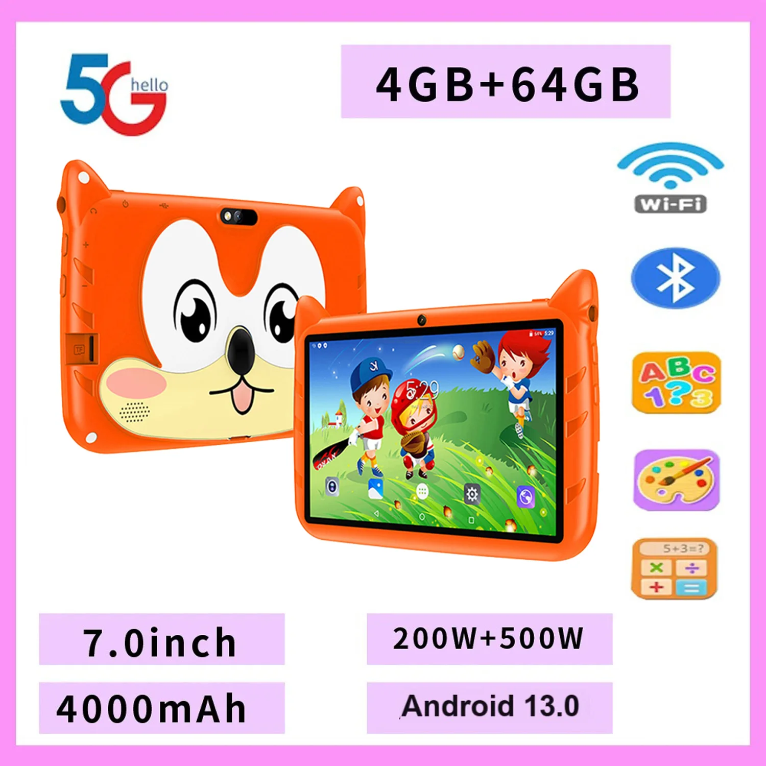 Nouveau 7 pouces modèle de bande dessinée enfants tablettes Quad Core 4GB + 64GB ROM Bluetooth 5G WiFi apprentissage jeux éducatifs tablette cadeau pour enfants