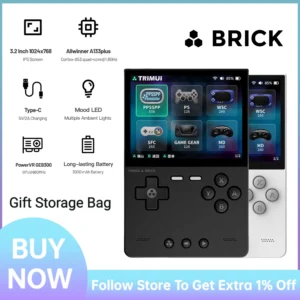 Console de jeu de poche en brique, plus de 12000 jeux rétro intégrés, écran IPS 3.2 pouces, système Linux, lecteur de jeu portable avec touche du panneau arrière en métal