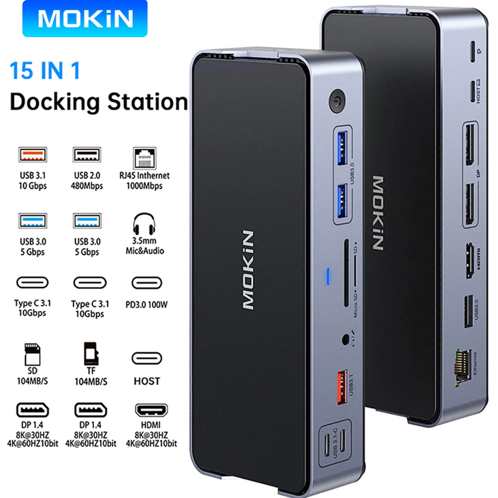 MOKiN 15 en 1 Station d&rsquo;accueil USB USB C à 8K HDMI affichage USB 3.1 100W PD chargeur SD & TF USB C Dock pour ordinateur portable MacBook Lenovo PC