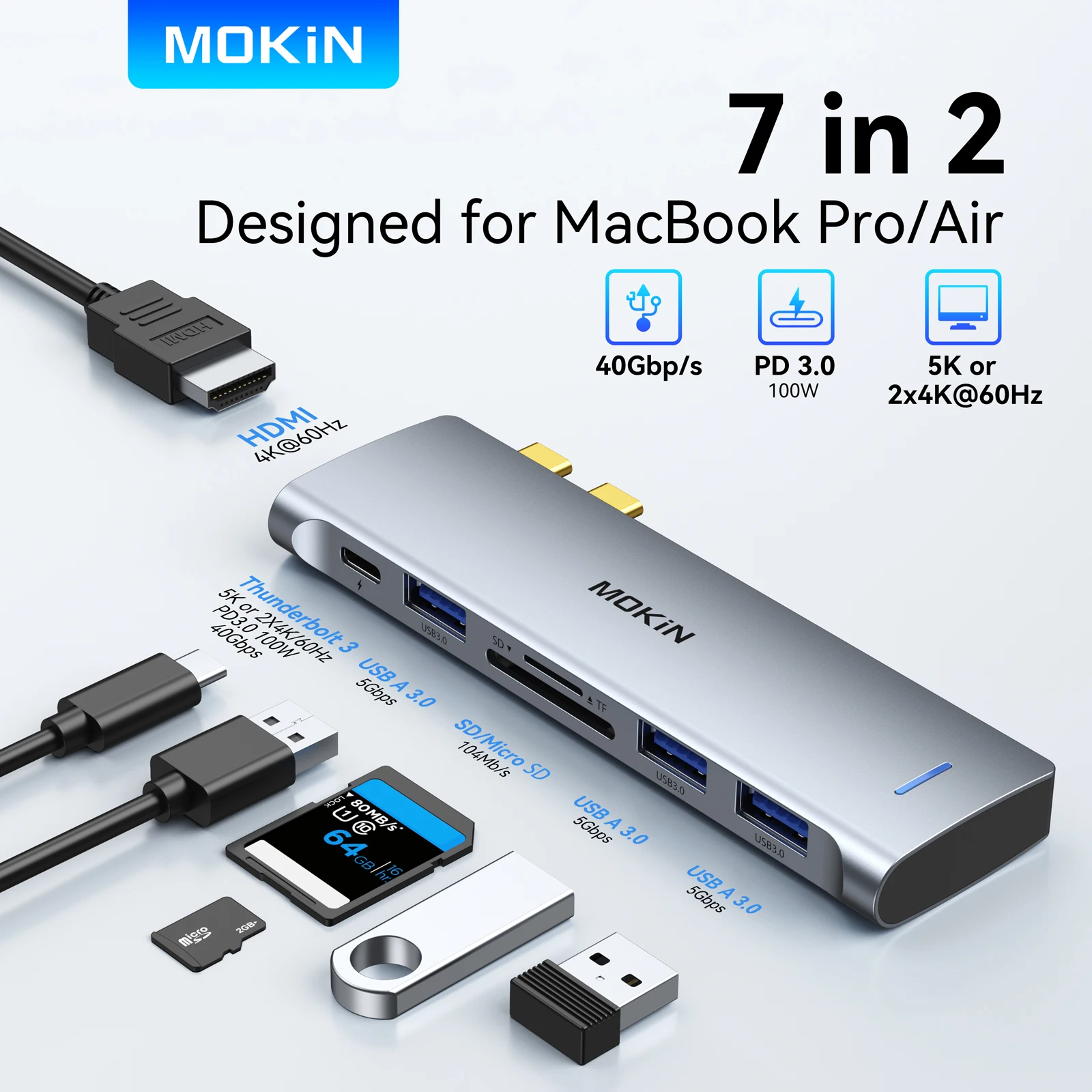 MOKIN-airies USB Type-C pour MacPlePro, station d&rsquo;accueil pour touristes, adaptateur USB Type-C vers HDMI, USB 3.0 SD/TF, dongle pour MacPleet Mac