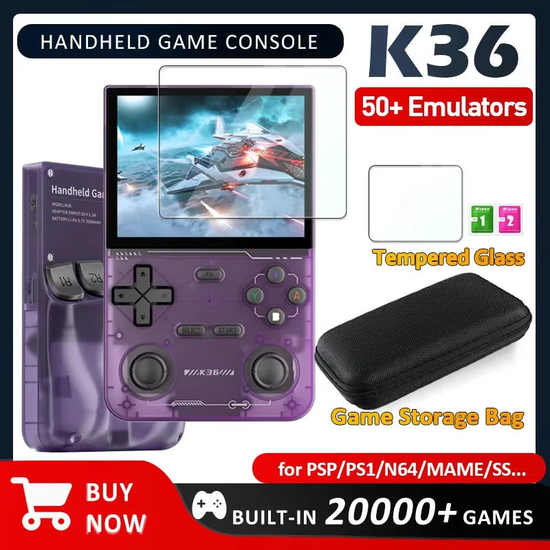 Console de jeu vidéo portable rétro K36, 500nit, écran IPS de 3.5 pouces, émulateur de 20000 jeux pour PS1/PSP/DC/N64/SS