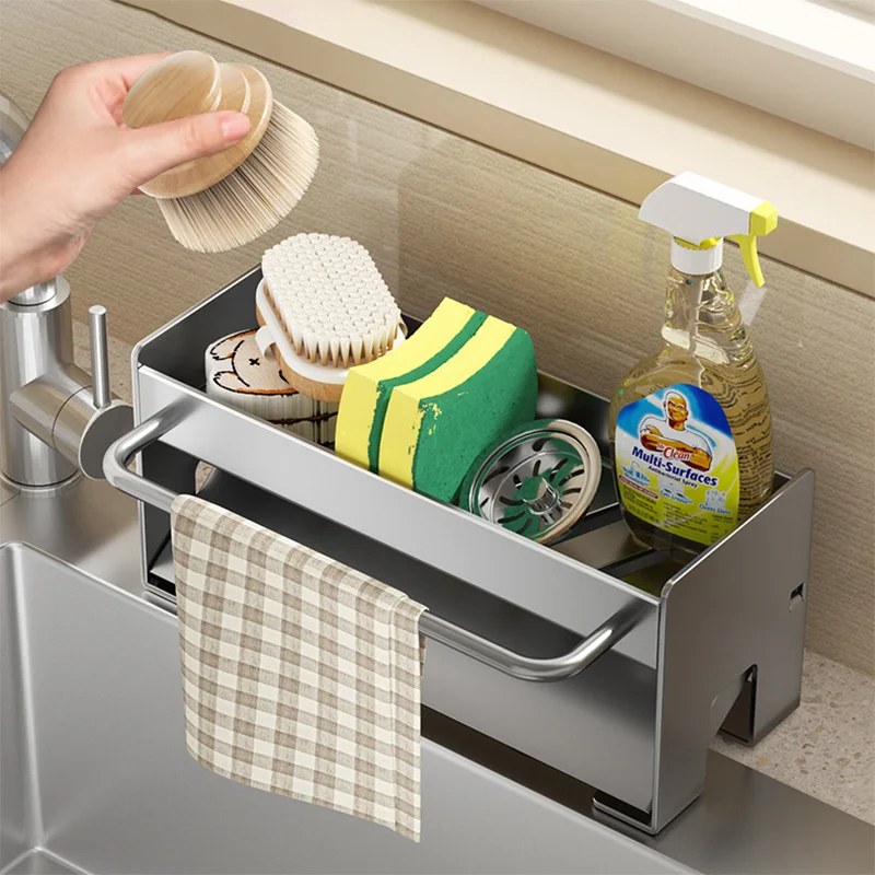 Égouttoir d'évier de cuisine, organisateur porte-éponge, support de rangement en acier inoxydable, égouttoir à savon, torchon, barre à serviettes, étagère de comptoir – Image 2