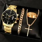 Montres à Quartz de luxe pour hommes d&rsquo;affaires, ensemble de 4 pièces en alliage d&rsquo;or romain avec calendrier, montre-Bracelet, collier croisé, Bracelet, bague, cadeau pour hommes