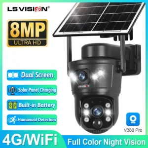 LS VISION 4G/WiFi caméra solaire double objectif extérieur 8MP 4K batterie basse consommation caméra IP PIR Vision nocturne V380 Pro CCTV sécurité