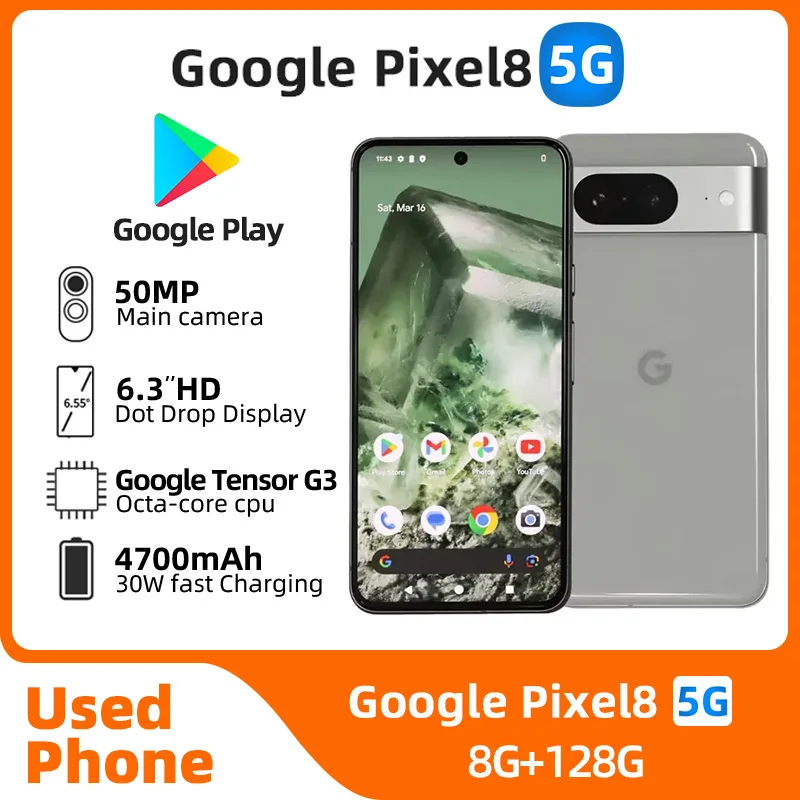 Google Pixel 8 5G Android 6.2 pouces 128GB 2400x1080px 50MP caméra NFC 4575mAh batterie téléphone utilisé