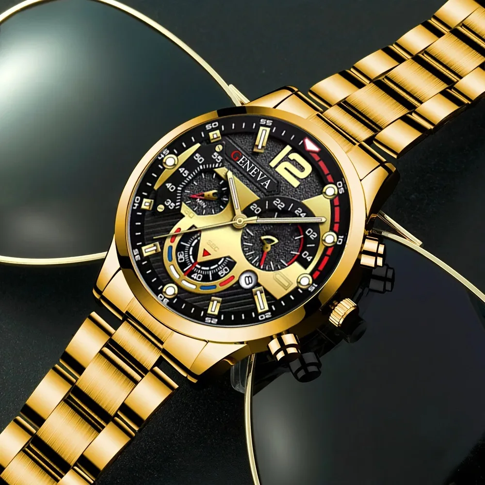 Montres à Quartz de luxe pour hommes d'affaires, ensemble de 4 pièces en alliage d'or romain avec calendrier, montre-Bracelet, collier croisé, Bracelet, bague, cadeau pour hommes – Image 4