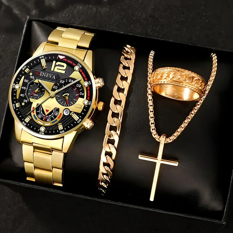 Montres à Quartz de luxe pour hommes d'affaires, ensemble de 4 pièces en alliage d'or romain avec calendrier, montre-Bracelet, collier croisé, Bracelet, bague, cadeau pour hommes – Image 2