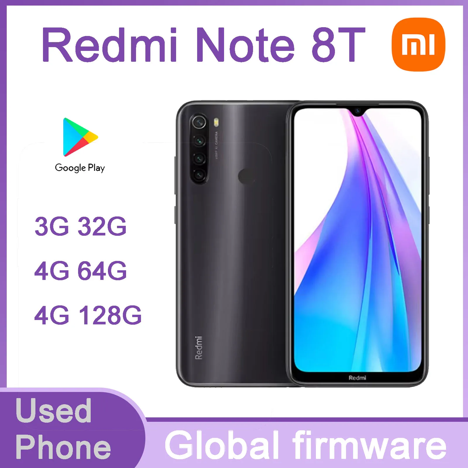 Firmware mondial Xiaomi Redmi Note 8T 4G 6.3 pouces Qualcomm Snapdragon 665 18W smartphone à empreinte digitale arrière téléphone utilisé