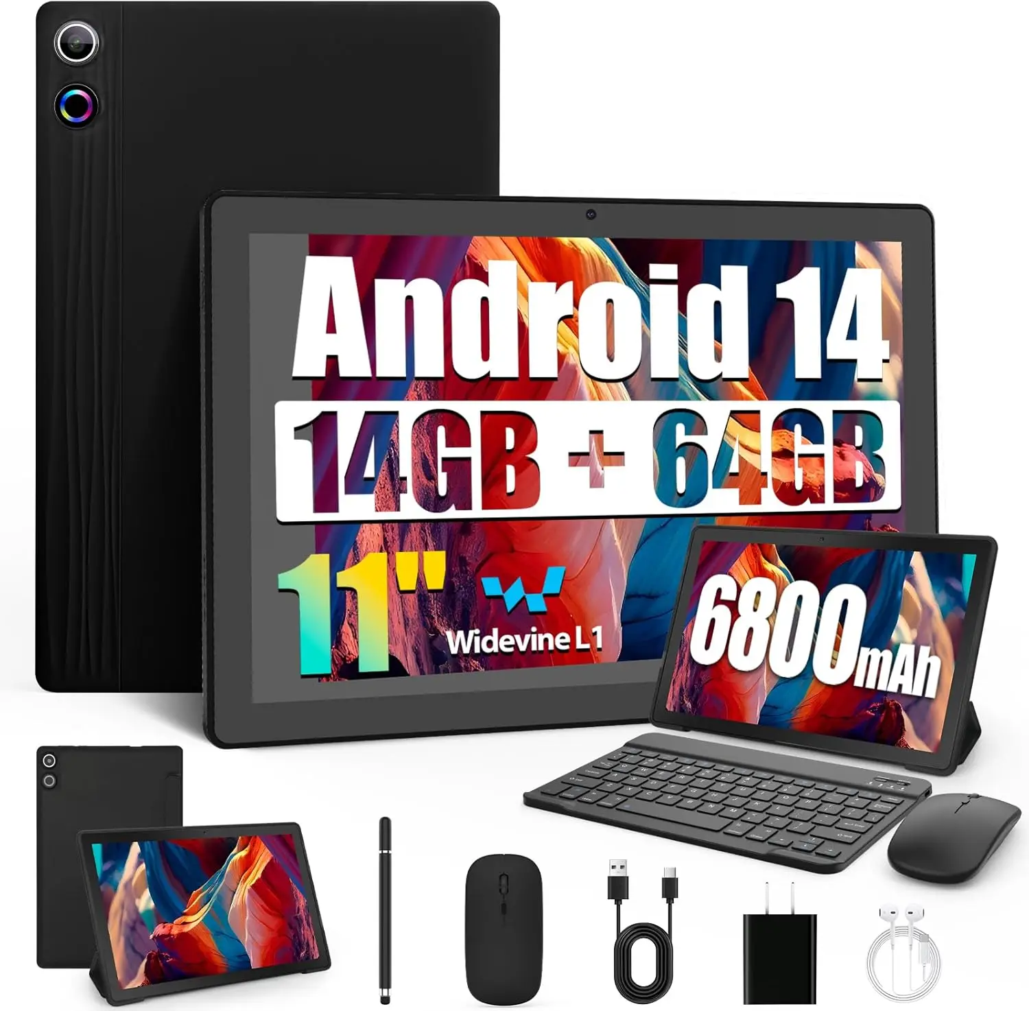 URAO – tablette Android 11 pouces, 14 go de RAM, 64 go de ROM, 6800mAh, écran tactile IPS HD, avec étui de protection pour clavier, stylet de souris, Kit 8 en 1