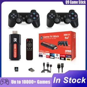 Q9 Game Stick Console de jeux vidéo rétro avec contrôleur sans fil 64G USB 2.0 double système 8K TV bâtons plus de 10000 jeux pour enfants