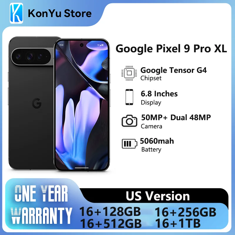 Tout nouveau SmartPhone mondial Google Pixel 9 Pro XL 6.8 pouces Google Tensor G4 16GB RAM 37W filaire 5060 mAh 50MP + 48MP IP68 NFC