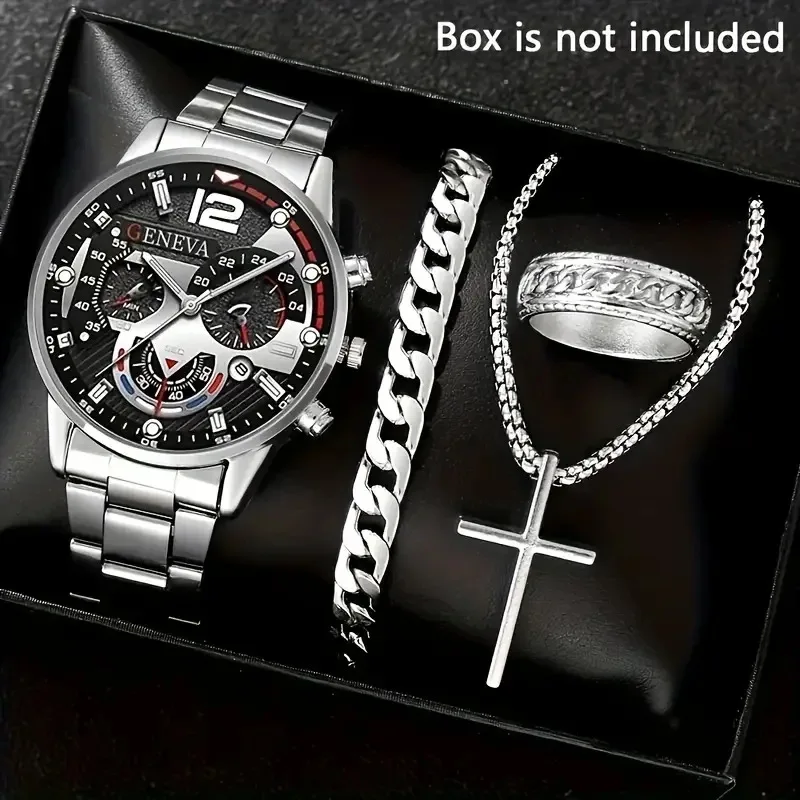 Montres à Quartz de luxe pour hommes d'affaires, ensemble de 4 pièces en alliage d'or romain avec calendrier, montre-Bracelet, collier croisé, Bracelet, bague, cadeau pour hommes – Image 3