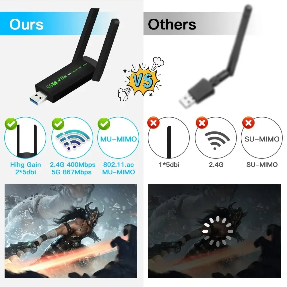 Adaptateur WiFi USB 3.0, carte réseau 1300Mbps, double bande 2.4G/5GHz, Bluetooth 4.2, récepteur et transmetteur sans fil pour ordinateur de bureau et portable – Image 3