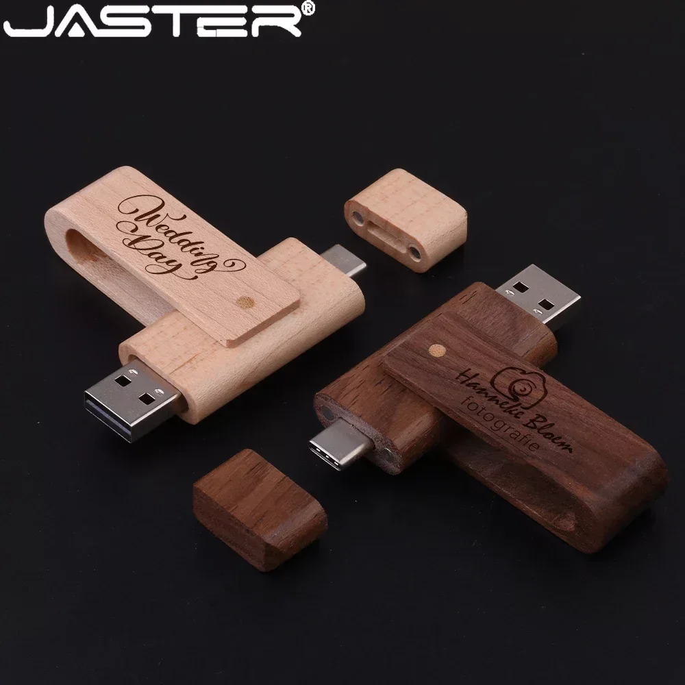 JASTER – clé USB rotative en bois, 128 go, 2 en 1, TYPE-C, 64 go, Logo personnalisé gratuit, clé mémoire 32 go, cadeau créatif