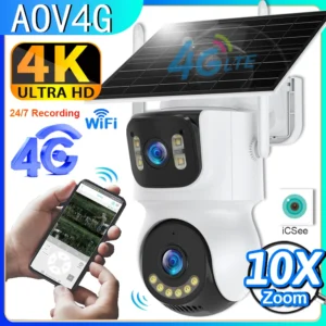 AOV 4G caméra solaire 4K 10X Zoom caméra de Surveillance WiFi extérieure 3 écrans sécurité AOV 24/7 enregistrement PTZ suivi automatique iCSee