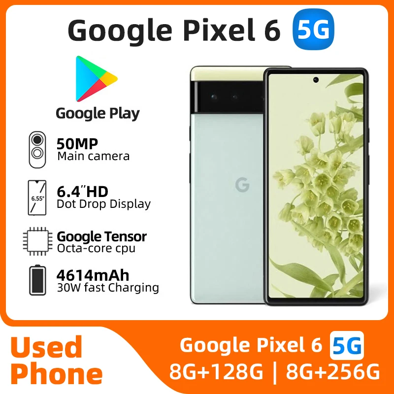 SmartPhone Google Pixel 6 5G, processeur Google Tensor, batterie 4614mAh, appareil photo 50MP, original, d&rsquo;occasion