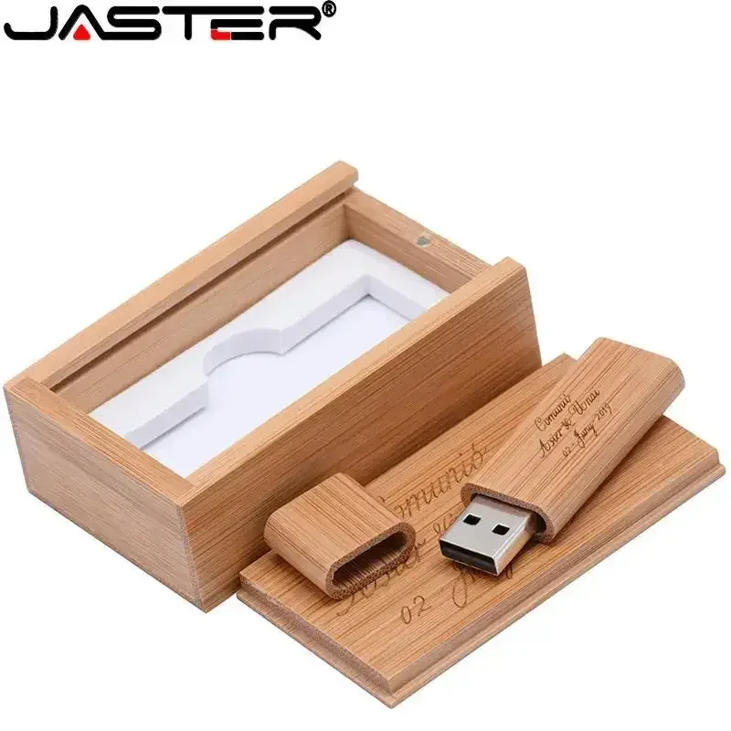 JASTER Logo personnalisé gratuit en bois USB 2.0 lecteurs flash bambou avec boîte clé mémoire 16GB clé USB 32GB 64GB cadeau de mariage clé USB