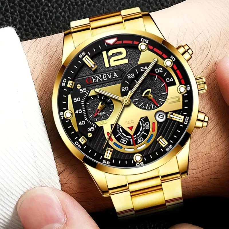 Montres à Quartz de luxe pour hommes d'affaires, ensemble de 4 pièces en alliage d'or romain avec calendrier, montre-Bracelet, collier croisé, Bracelet, bague, cadeau pour hommes – Image 5