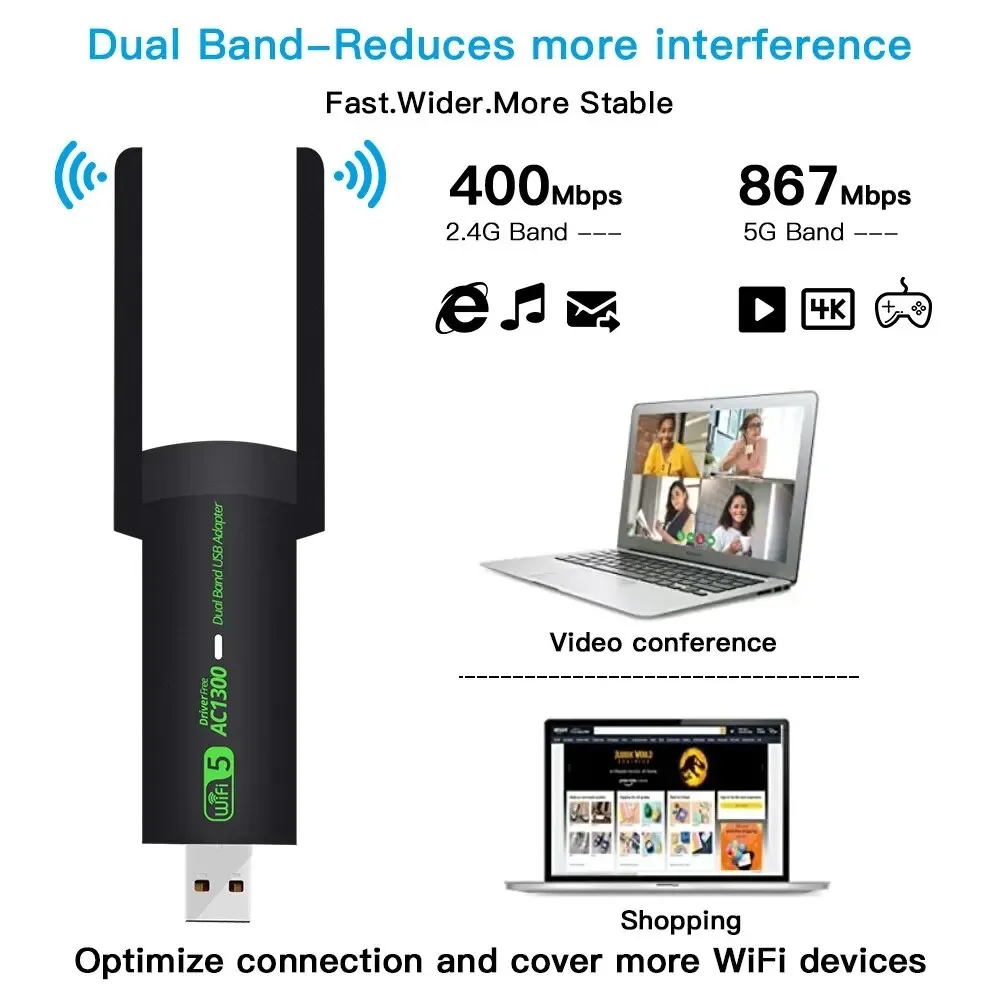 Adaptateur WiFi USB 3.0, carte réseau 1300Mbps, double bande 2.4G/5GHz, Bluetooth 4.2, récepteur et transmetteur sans fil pour ordinateur de bureau et portable – Image 2