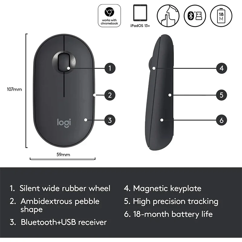 Logitech PEBBLE M350 ordinateur portable tablette souris sans fil Bluetooth souris légère et mince muet bureau 2 en 1 batterie/USB Stock Mini souris – Image 6