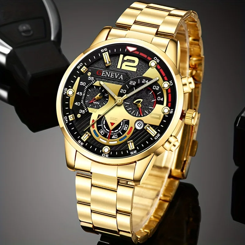 Montres à Quartz de luxe pour hommes d'affaires, ensemble de 4 pièces en alliage d'or romain avec calendrier, montre-Bracelet, collier croisé, Bracelet, bague, cadeau pour hommes – Image 6