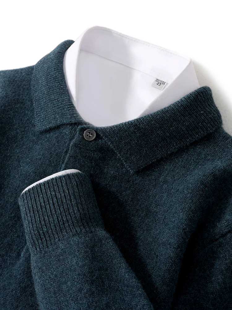 Pull à col POLO pour hommes, épais, manches longues, pulls d&rsquo;affaires, 100% laine mérinos, chemise en tricot, vêtements de base, nouvelle collection automne hiver