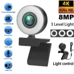 Webcam 4K 2K 1080P, contrôle de la lumière, Full HD 8MP, PC portable, mise au point automatique, Streaming en direct, Flexible avec Microphone, diffusion en direct