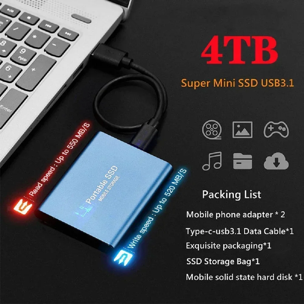 Disque dur externe SSD portable haute vitesse, disque dur à semi-conducteurs, périphérique de stockage de masse pour ordinateur portable et PC, interface USB 3.1, 4 To – Image 3