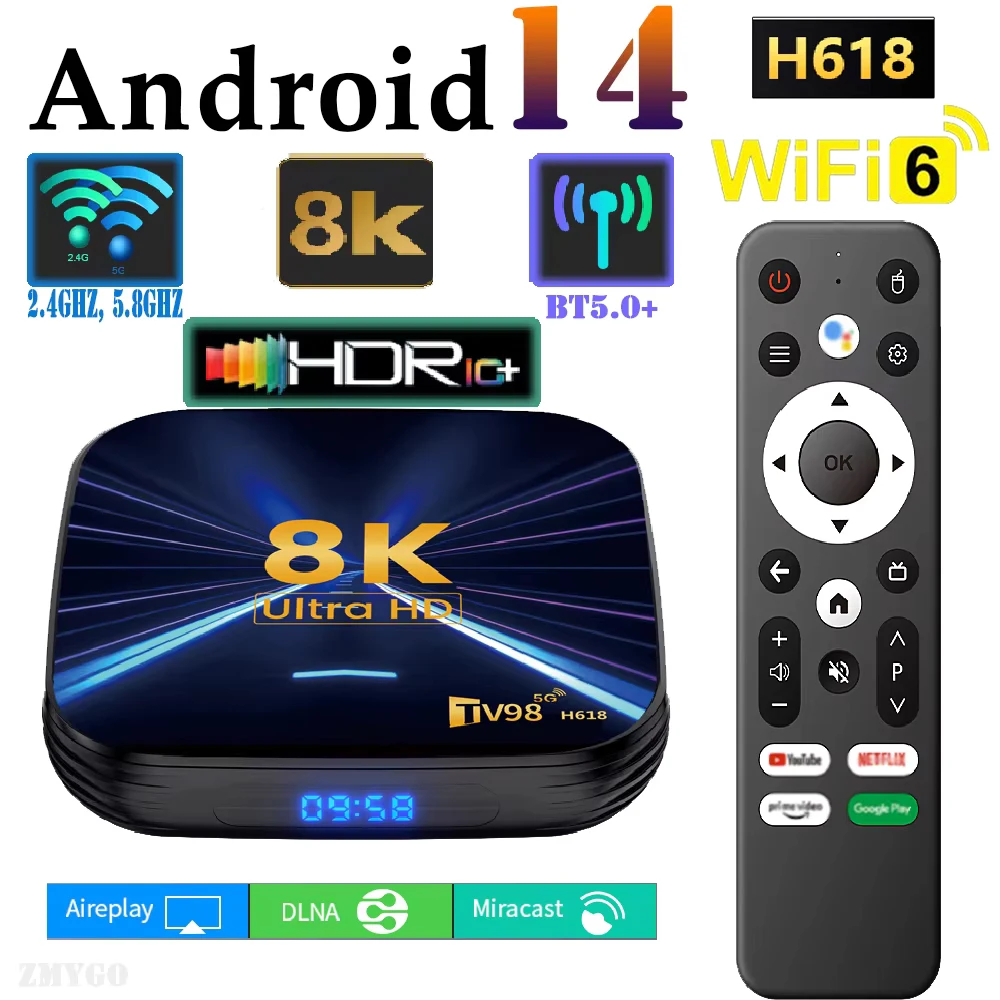 Smart wifi6 TV Box Android 14 meilleur H618 Quad Core 4K 8K HD Portable maison intelligente BT5 lecteur multimédia à distance vocale décodeur android