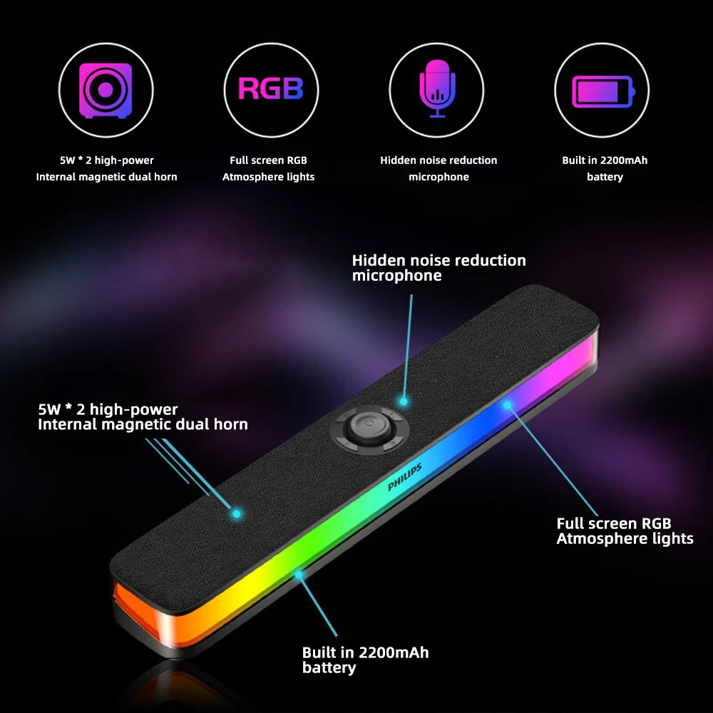 Philips SPA6109 barre de son de bureau de jeu plein écran RGB haut-parleur de réduction de bruit avec micro filaire BT 5.3 système de son d'ordinateur – Image 4