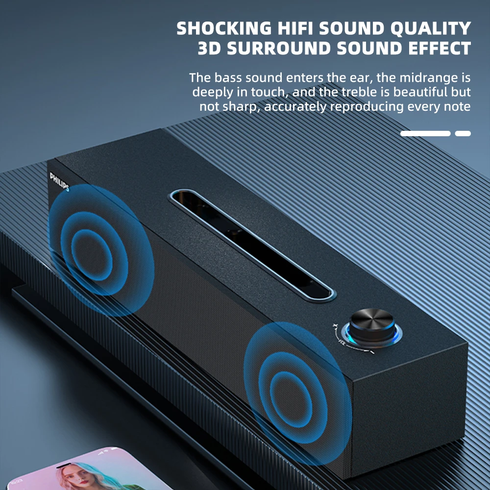La barre de son Philips SPA 3808 comprend une conception simple de grain de bois, qualité sonore HIFI, effet Audio 3D et carte son intégrée – Image 3