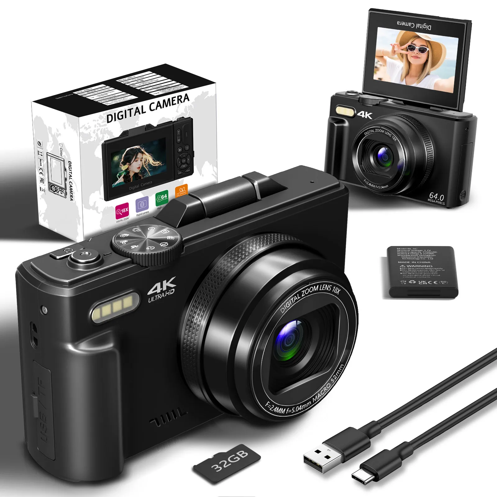 Appareil photo numérique compact 4K, zoom numérique 18x, enregistreur vidéo vlog vintage pour YouTube, 180 ° écran rabattable, webcam WiFi
