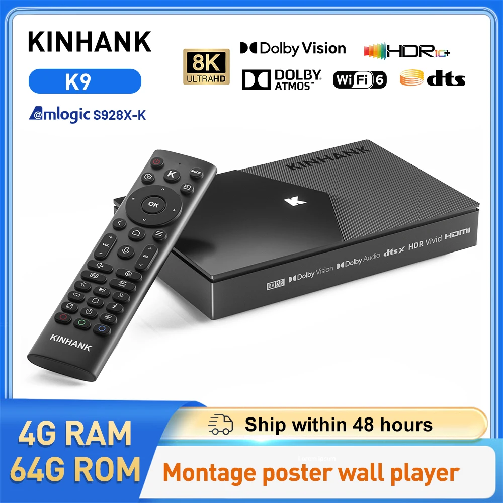 KINHANK K9 Android TV Box 8K ISO BDMV Amlogic S928X-K 4GB 64GB Dolby Vision Atmos HDR10 + décodeur Wifi6 avec lecteur de montage