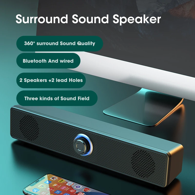 Barre de son PC filaire et sans fil 5.0 haut-parleur Bluetooth barre de son alimentée par USB pour ordinateur TV PC portable de jeu Home cinéma Surround – Image 3