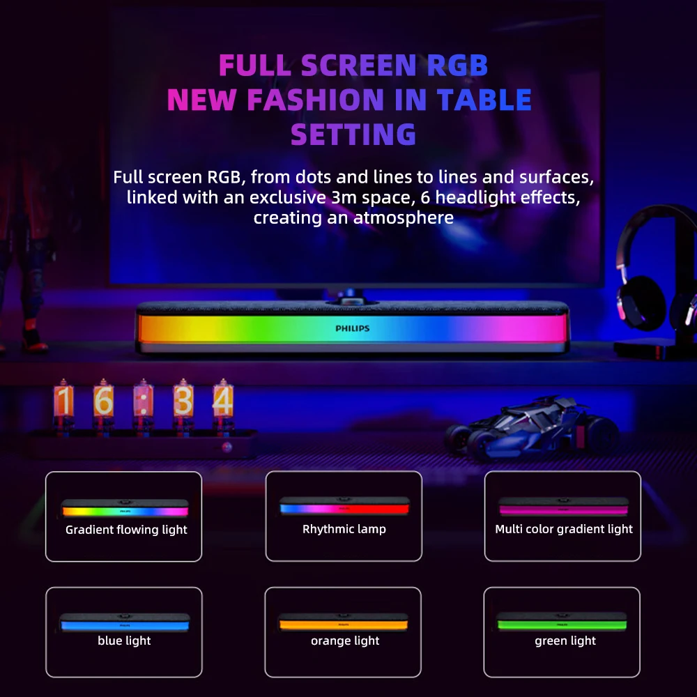 Philips SPA6109 barre de son de bureau de jeu plein écran RGB haut-parleur de réduction de bruit avec micro filaire BT 5.3 système de son d'ordinateur – Image 3