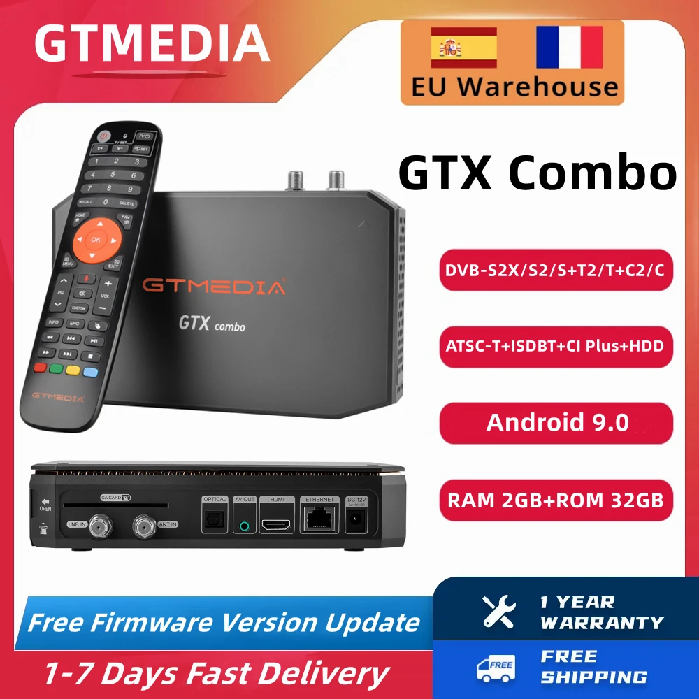 GTMEDIA GTX Combo 4K/8K UHD Smart TV Box Android 9.0 + DVB-S/S2/S2X + T/T2 + C/C2, 2GB + 32GB, emplacement pour carte CA et PCI + 1.4, SATA-HDD, décodeur BT4.1