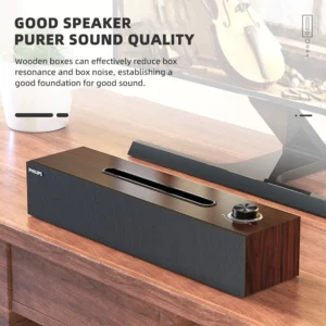 La barre de son Philips SPA 3808 comprend une conception simple de grain de bois, qualité sonore HIFI, effet Audio 3D et carte son intégrée