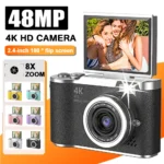 Appareil photo numérique CCD 4K pour étudiant, appareil photo de photographie numérique compacte 48MP 180 ° Caméra Selfile à écran rabattable pour enfants et adultes débutants