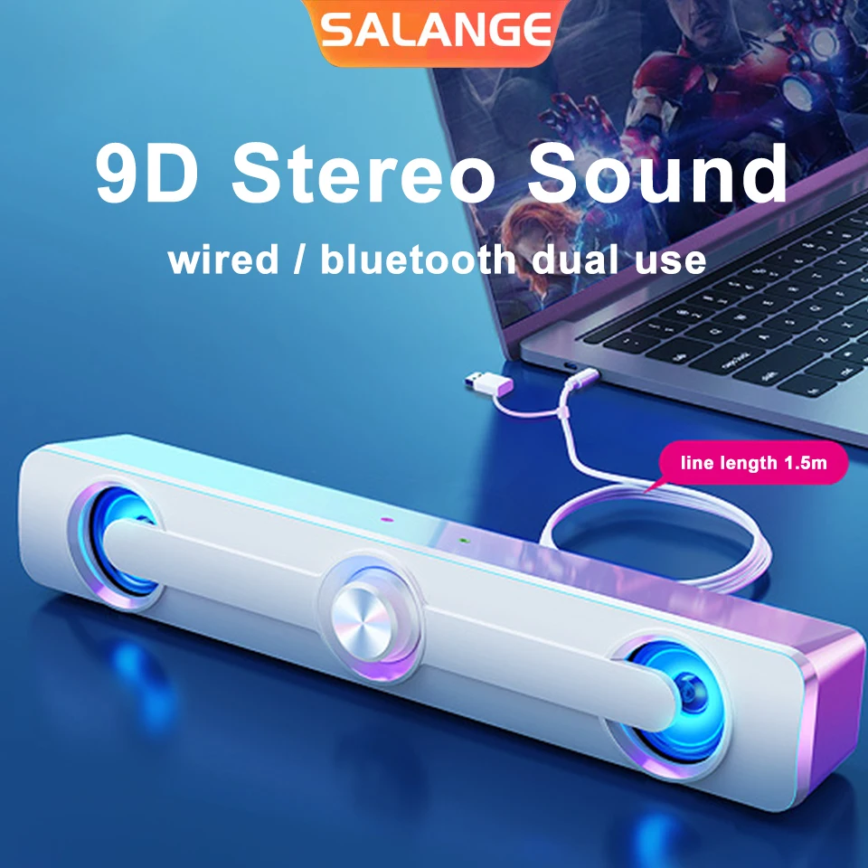 Barre de son Salange Bluetooth USB haut-parleurs filaires barre caisson de basses de bureau haut-parleur stéréo basse pour projecteur PC ordinateur portable téléphone blanc