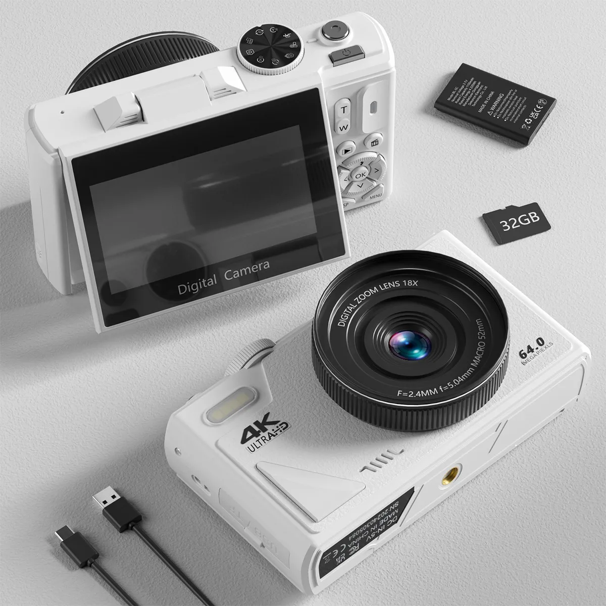 Appareil photo numérique Compact 4K, Zoom 64MP 18X, pour la photographie, vlog, YouTube, Flash à écran rabattable de 3 pouces